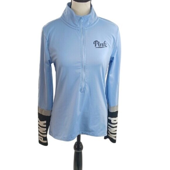 PINK Victoria's Secret Pullover Shirt Size M Blue Long Sleeve Half Zip Fitted - Picture 1 of 7